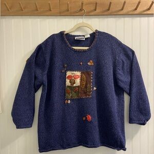 Erica II & Co Vintage 90s Autumn Fall Leaves Knit Sweater Raime Cotton Navy 2X